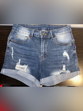 High-Rise Distressed Denim Shorts - Blue
